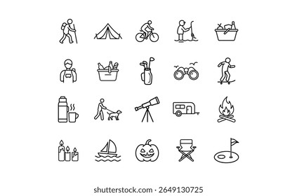 Collection of black outline icons representing various outdoor and leisure activities.