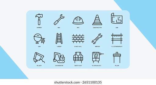 Uma coleção de ícones de contorno preto representando várias ferramentas de construção e equipamentos de segurança, exibidos em um fundo azul claro com cantos arredondados.