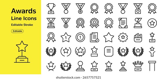 Uma coleção de ícones de contorno pretos que representam prêmios e símbolos de reconhecimento em um plano de fundo amarelo brilhante.