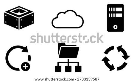 Collection of black outline icons for technology data processing cloud server structure refresh and update process vector illustration