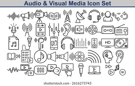 Collection of black outline illustrations depicting audio and visual media symbols on white background. Includes microphone, radio, headphones, TV.