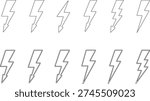 Collection of black outline lightning bolt icons in various angles and styles, power and energy.