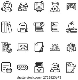 Colección de contorno negro que representa varios aspectos de la educación y la vida escolar Libro de aprendizaje