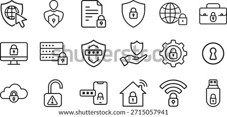 Collection of black outline security icons on white background lock shield 1
