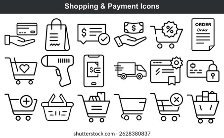 Collection of black outline shopping and payment icons depicting online transactions