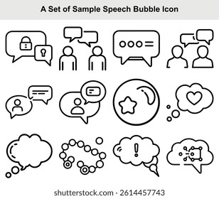Collection of black outline speech bubble icons. Set of various message bubbles, speech symbols with different signs isolated on a white background.