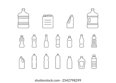 collection of black outline style plastic drink bottle icons