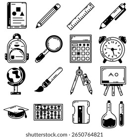 A collection of black outline vector icons of school items like backpack, pencil, globe, calculator, ruler, and lab tools. Great for educational content, UI design, or infographics.