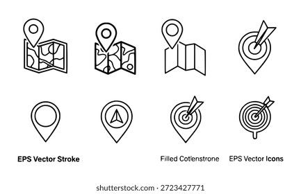 Una colección de iconos vectoriales de contorno negro que representan varios conceptos relacionados con la ubicación, la navegación y la orientación, incluidos mapas con marcadores de pines, pines de ubicación simples, flechas de navegación dentro de pines y objetivos de diana con flechas, todos presentados sobre un fondo blanco limpio.   