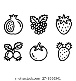 A collection of black outline vector icons featuring pomegranate, grapes, strawberry, blueberries, tomato, and prickly pear.