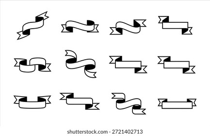 Uma coleção de faixas de vetor de contorno preto e banners em vários estilos clássicos e modernos, adequados para elementos de design, rótulos, prêmios, certificados e fins decorativos.
