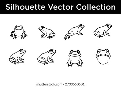 A collection of black outline vector silhouettes of frogs in various poses, ideal for design projects.
