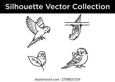 Una colección de siluetas de Vector de contorno negro con lindos periquitos de budgerigar en varias poses dinámicas y estáticas, perfectas para el diseño.