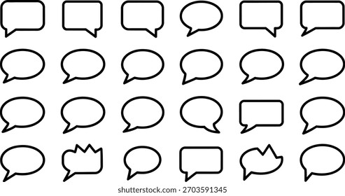 A collection of black outlined speech bubbles in various shapes and sizes on a white background.
