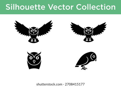 A collection of black owl silhouettes in different poses, perfect for design elements, logos, or educational materials.