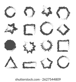 Coleção de pincéis de tinta preta formas grunge no elemento de artigo sujo de fundo branco.