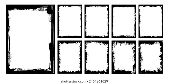 Collection of black paint brush stroke background, grunge overlay frame and torn paper effect. Retro grunge texture with ink splash for social media. Dirty border pattern art. Crack wall silhouette.