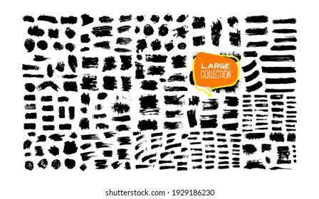 Collection of black paint, brushes, lines, ink, brush strokes grungy. Dirty artistic design elements, boxes, frames. Vector illustration. Isolated on white background. Freehand drawing.