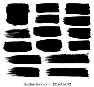 Collection of black paint, ink brush strokes, brushes, lines. Dirty artistic design elements, boxes, frames. Vector illustration. Isolated on white background. Freehand drawing. 