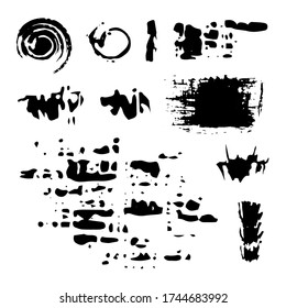 Collection of black paint, ink brush strokes, brushes, lines, grungy. Artistic design elements, boxes, frames. Vector paintbrush set.