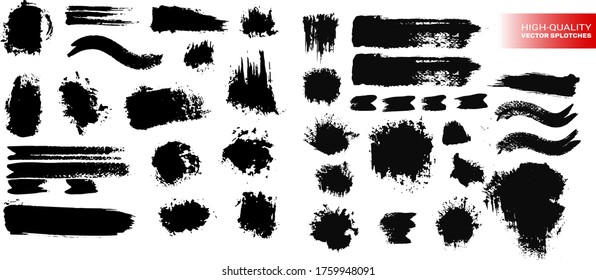 collection of black paint, ink brush strokes, brushes, lines. Dirty artistic design elements, boxes, frames. Vector illustration. Isolated on white background. Freehand drawing.