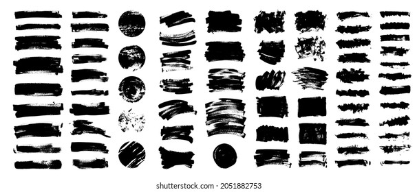 Collection of black paint, ink brush strokes, brushes, lines, grungy, smudges. Dirty artistic boxes, frames, stickers. Calligraphic design elements for vector art. 