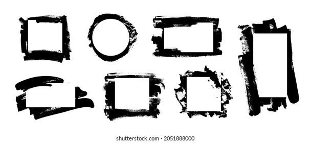 Collection of black paint, ink brush strokes, brushes, lines, grungy, smudges. Dirty artistic design elements, boxes, frames, stickers. Vector illustration. Isolated on white background. 
