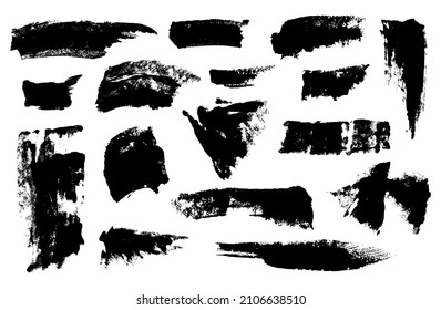 Collection of black paint, ink brush strokes, brushes, lines, grunge. Dry paint or palette knife strokes. Dirty artistic design elements for text, labels, logo. Vector illustration isolated on white.