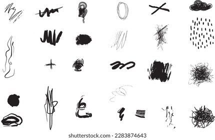 Sammlung von schwarzen Farben, Pinselstriche, Pinsel, Linien. Schmutzige künstlerische Designelemente. Vektorgrafik. Einzeln auf weißem Hintergrund. Freehand Zeichnung.
