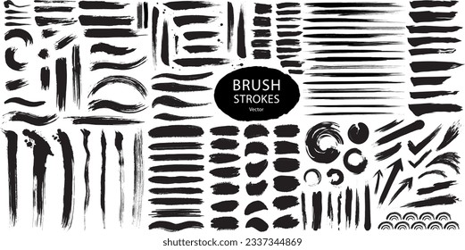 Collection of black paint, ink brush strokes, brushes, lines. Vector illustration. Isolated on white background.