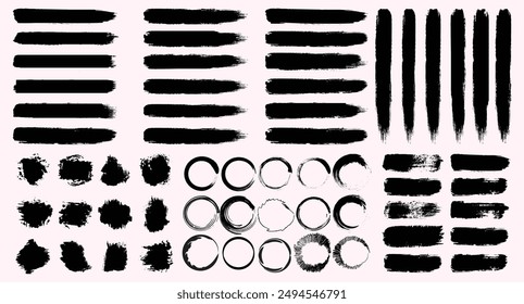 Kollektion von schwarzer Farbe, Pinselstriche, Pinsel, Linien. Schmutzige künstlerische Design-Elemente. Vektorillustration. Isoliert auf weißem Hintergrund.