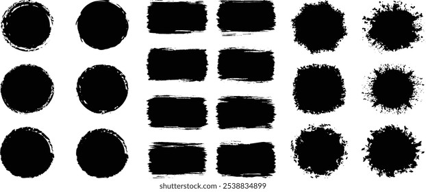 Collection of black paint, ink brush strokes, brushes, lines, grungy. Dirty artistic design elements, boxes, frames. Vector illustration. Isolated on white
