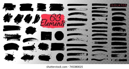 Collection of black paint, ink brush strokes, brushes, lines, textures. Dirty artistic design elements, boxes, frames, place for text. 