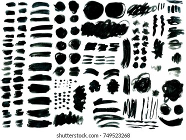 collection of black paint, ink brush strokes, brushes, lines, grungy. Black ink borders, brush strokes, stains, banners, blots, splatters. Vector illustration