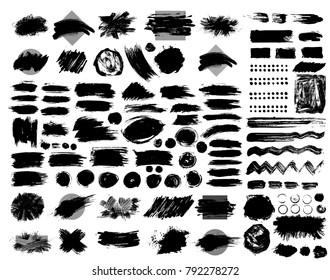 Collection of black paint, ink brush strokes, brushes, lines, grungy. Dirty artistic design elements, boxes, frames. Vector illustration. Isolated on white background. Freehand drawing.