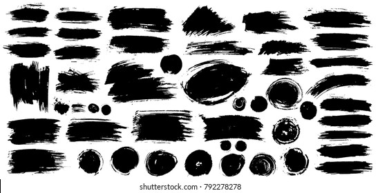 Collection of black paint, ink brush strokes, brushes, lines, grungy. Dirty artistic design elements, boxes, frames. Vector illustration. Isolated on white background. Freehand drawing