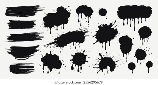 Collection of black paint splashes, ink drops, and grunge drips. Isolated scattered stains, and flowing droplets. Blobs in various shapes for creative projects. Abstract vector illustrations.