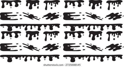 A collection of black paint splatters and drips, perfect for graphic design elements.
