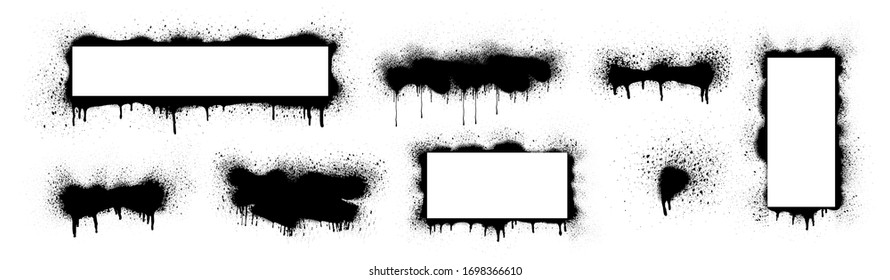 Collection Of Black Paint. Spray Paint Elements, Vector Brush Stroke, Black Splashes Set, Black Grunge With Frame, Dirty Artistic Design Elements, Ink Brush Strokes, Boxes, Lines, Frames For Text.