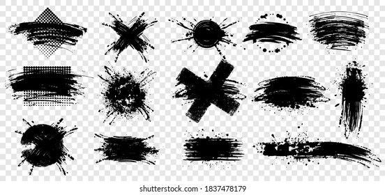 Collection of black paint. Spray paint elements, brush stroke, black splashes set. Black grunge.Creative dirty artistic design elements, boxes, frames for text.  Vector illustration