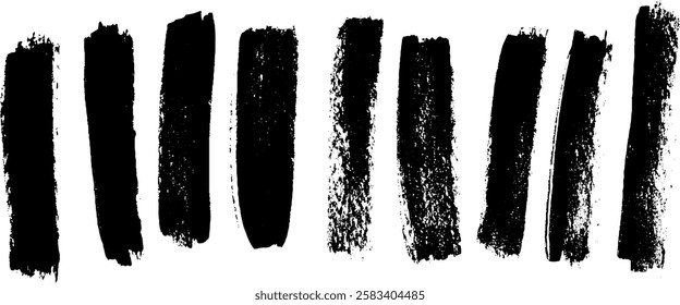 A collection of black paint strokes on a white background, showcasing various textures and widths. Ideal for artistic design or background elements.