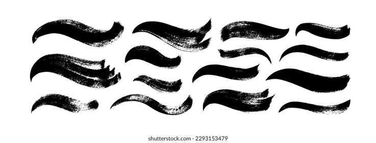 Collection black paint wavy bold brush strokes. Vector calligraphy smears, hand drawn curved thick lines and banners. Modern grunge wavy brushstrokes. Textured shapes isolated on white.