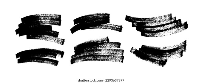 Collection black paint wavy bold brush strokes. Vector calligraphy smears, hand drawn curved thick lines and banners. Modern grunge wavy brushstrokes. Textured shapes isolated on white.