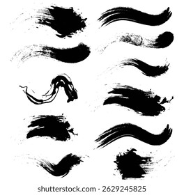 Collection black paint wavy bold brush strokes, Vector illustration