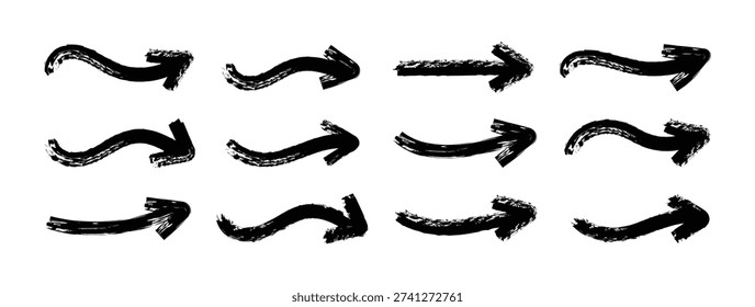 Collection of black painted grunge arrows. Brush, marker drawn bold arrows set. Collection of hand drawn doodle  thick arrows in different directions.