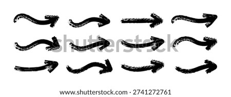 Collection of black painted grunge arrows. Brush, marker drawn bold arrows set. Collection of hand drawn doodle  thick arrows in different directions.