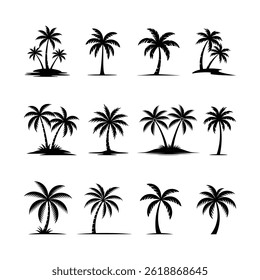 Collection of black palm tree silhouettes isolated on white background for tropical landscape and summer beach design