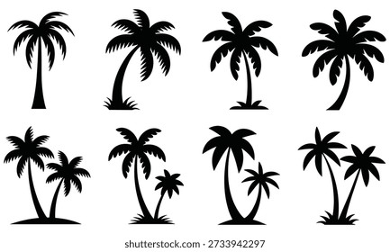 Collection of black palm tree silhouettes in various poses and groupings against a white background, providing a serene and tropical feel, perfect for graphic designers and artists seeking versatile elements for summer themes, vacation scenery, and tranquil landscapes.