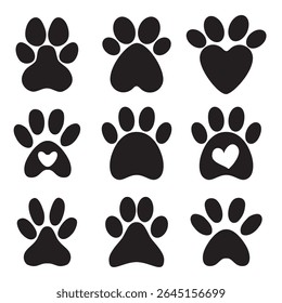 Collection of black paw print icons in flat vector style, various designs including hearts and unique shapes. Perfect for pet related application, blog, educational materials or social media graphics.