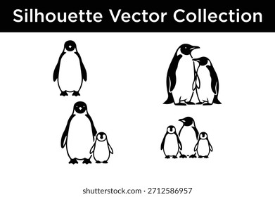 A collection of black penguin silhouettes, featuring adult and baby penguins, isolated on a white background. Ideal for various design projects.